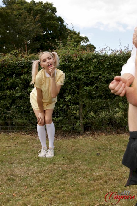 Cute blonde Chloe Toy exposes her panties while a man jerks off