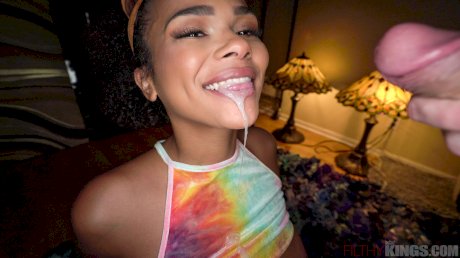 Busty ebony teen Alina Ali spills cum from her mouth while blowing a big cock