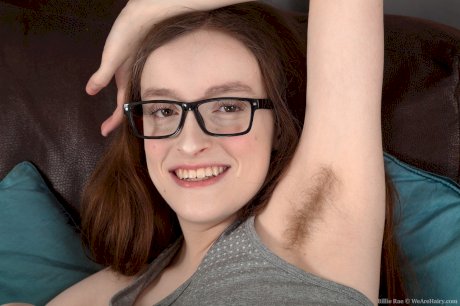 Nerdy girl Billie Rae proudly shows her hairy pits and pussy in glasses