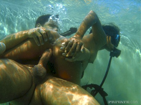 Asian scuba diver gives a BJ underwater before fucking beside pool