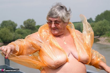 Obese British amateur Grandma Libby casts off a see-through raincoat