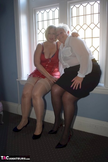 Overweight older lesbians disrobe to nylons before toying their pussies