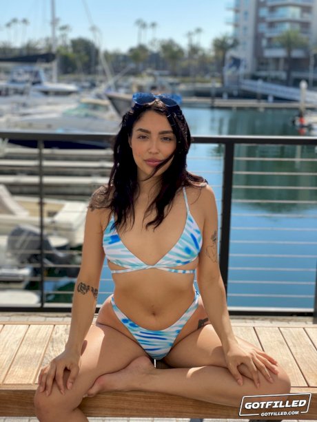 Latina girl Vanessa Sky models a bikini at a marina before ass licking POV sex